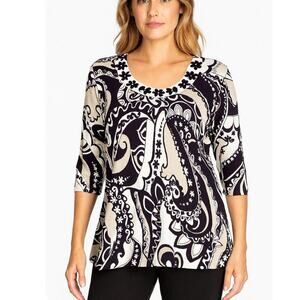 - August Silk Knits black & white top. Features black/white paisley print SZ L